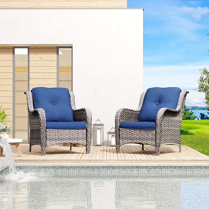 Outdoor Wicker Chair Rattan Patio Dining Chairs Set of 2 PE Wicker Patio Chairs with 3.5 inch Seat Cushions Outdoor Patio Seating Chair for Garden, Backyard Swimming Pool, Balcony, Blue
