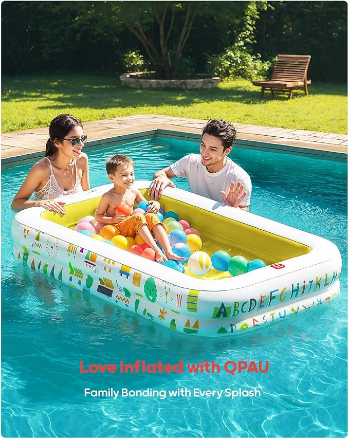 QPAU Kiddie Pool – 65" x 39" Inflatable Pool for Kids & Toddlers, Ball Pit & Baby Pool with Soft Cushioned Floor, Canopy for Sun Protection, Durable Outdoor Play Toys for Backyard & Indoor (Yellow)
