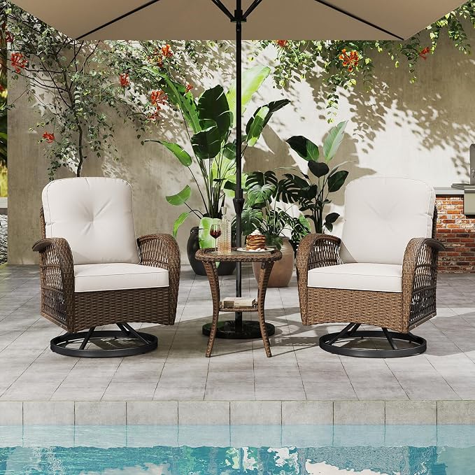 ORALNER 3 Pieces Wicker 360° Swivel Rocker Set Patio Furniture, Rocking Chairs with Cushions, Tempered Glass Coffee Table, Outdoor Rattan Bistro Set for Balcony Front Porch Deck Poolside (White)