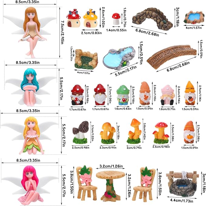 29Pcs Fairy Garden Accessories, Miniature Garden Ornaments Landscape Decorations Mini Fairy Figures Gnome Figure Animal Plant Furniture Set for DIY Terrarium Potted Plants Dollhouse Desk Decor