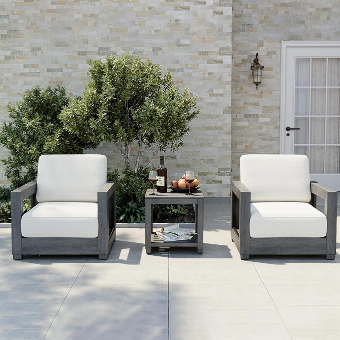 HAPPATIO Extra Large Size Patio Bistro Set, Aluminum Modern Patio Furniture Set Outdoor 3 Pieces with Side Table, 7" Thick Water-Repellent Cushion for Outdoor, Backyard, Poolside, Grey