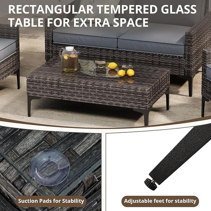 2 Piece Outdoor Loveseat with Coffee Table, All-Weather Wicker Patio Sofa Set with Cushions for Garden, Poolside, Porch, Grey