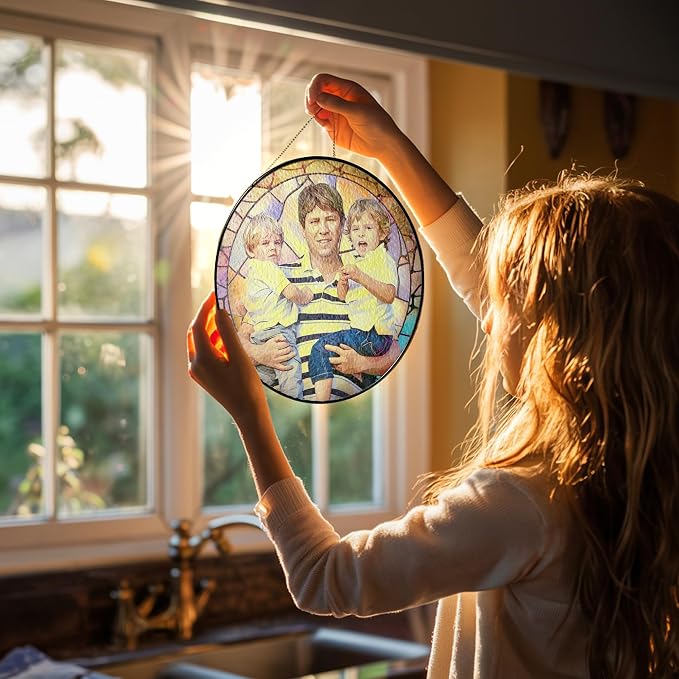 Custom Photo Stained Glass Window Hanging Suncatcher 2026, Personalized Family Photo Sun Catcher Gift for Dad, Custom Father's Day Window Decor for Father, Grandpa, Grandfather