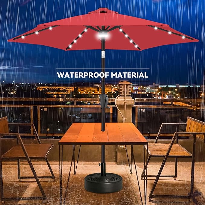 7.5ft Solar Umbrella Outdoor - Lighted Solar Patio Umbrella with 24 LED Lights Waterproof UV Protection, Table Umbrella with Tilt for Pool, Porch, Garden, Deck, Backyard (Red)