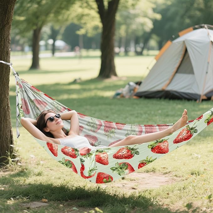 Camping Hammock Outdoor Hammocks for Outside Strawberries Light Green Beach Trees Portable Lightweight with Pockets Tree Straps Indoor Small
