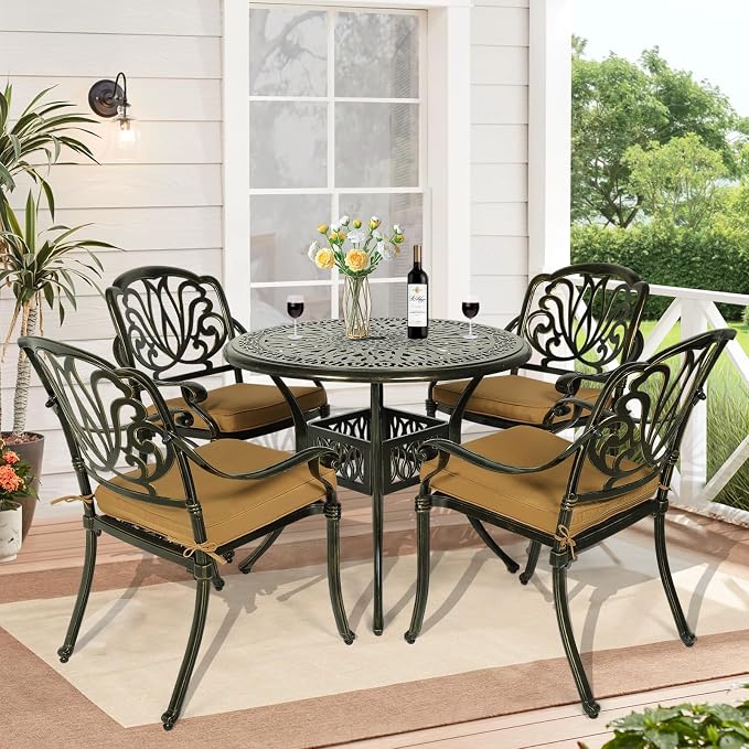 5-Piece Outdoor Patio Dining Set, All-Weather Cast Aluminum Patio Furniture Set for Backyard Garden Deck with 4 Chairs, 4 Cushions and 35.4" Round Table, 2" Umbrella Hole