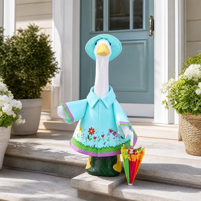 DECOHS 3 Pcs/Set Raincoat Porch Goose Outfits, Summer Lawn Goose Statue Costume with Rainbow Umbrella and Hat, Yard Geese Clothes for 23" Statue Patio Garden Decoration (Lake Blue)