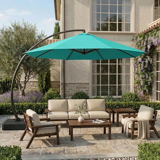 12 FT Cantilever Umbrella with Base Included, Large Round 360° Rotation Offset Umbrella Outdoor Patio, Heavy Duty Aluminum Frame, Sand-Weighted Stand, for Deck, Backyard, Pool, Garden (Tiffany Blue)