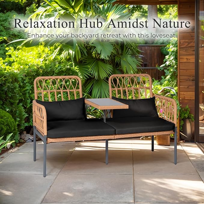 PROHIKER Outdoor Rattan Loveseat with Built-in Glass Table, 2-Seat Wicker Patio Furniture Set with Lumbar Pillows & Thick Cushions, All-Weather Conversation Sofa for Balcony, Porch & Backyard