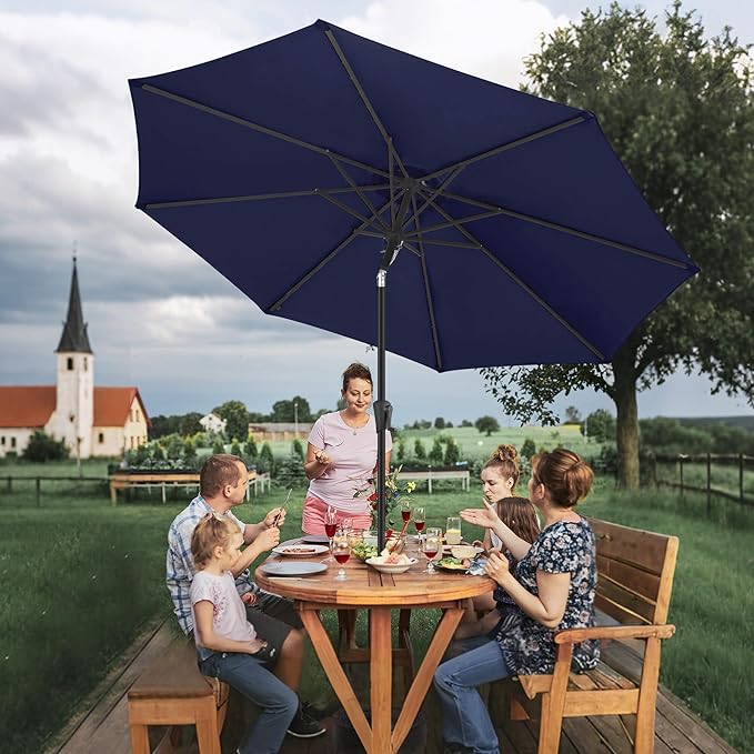FLAME&SHADE 10 FT Solar Light Patio Umbrella, 40 LED lights outdoor umbrella with Centre Surround Light, Table Market Umbrella for Deck, Pool, Porch, Backyard, Garden, UV Protection, Navy Blue
