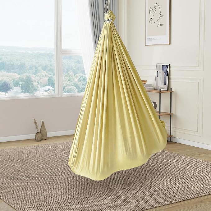 GarveeLife Dual-Layer Cotton Sensory Hammock Swing for Kids & Adults, Calming Compression Therapy, 360° Swivel, Adjustable Height, Indoor & Outdoor Use, 300 lbs Capacity, Light Yellow