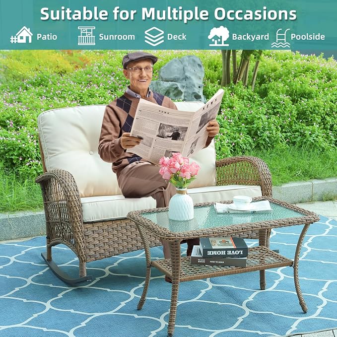 MEETWARM Double Rocking Chair, Oversized Outdoor Rocking Chair for 2 Person, Large Wide Wicker Patio Loveseat with Thick Cushion, All-Weather Rattan Comfy Loveseat Rocker for Patio Porch Deck, Brown
