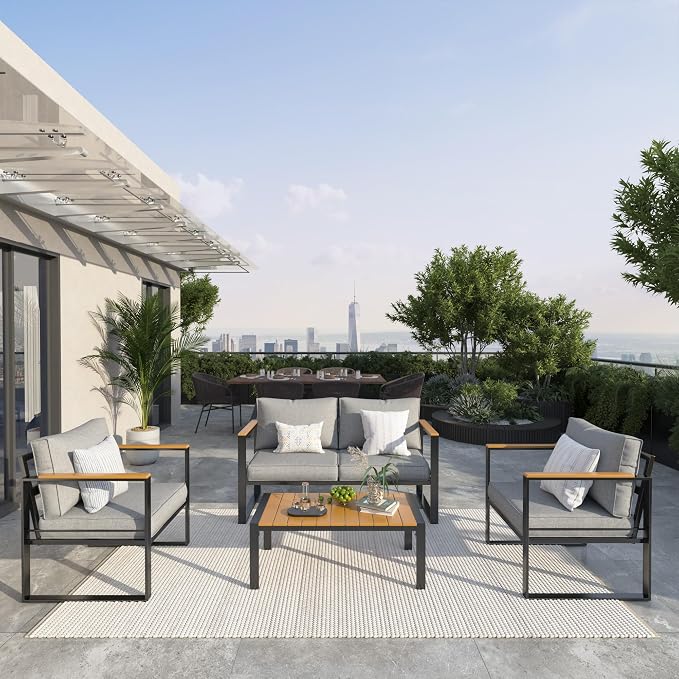 UDPATIO Metal Outdoor Patio Furniture Set, Modern Outdoor Conversation Sets w/Coffee Table, 4 Piece Outside Furniture with Thick, Washable and High-Resiliency Sponge Cushions, Light Grey
