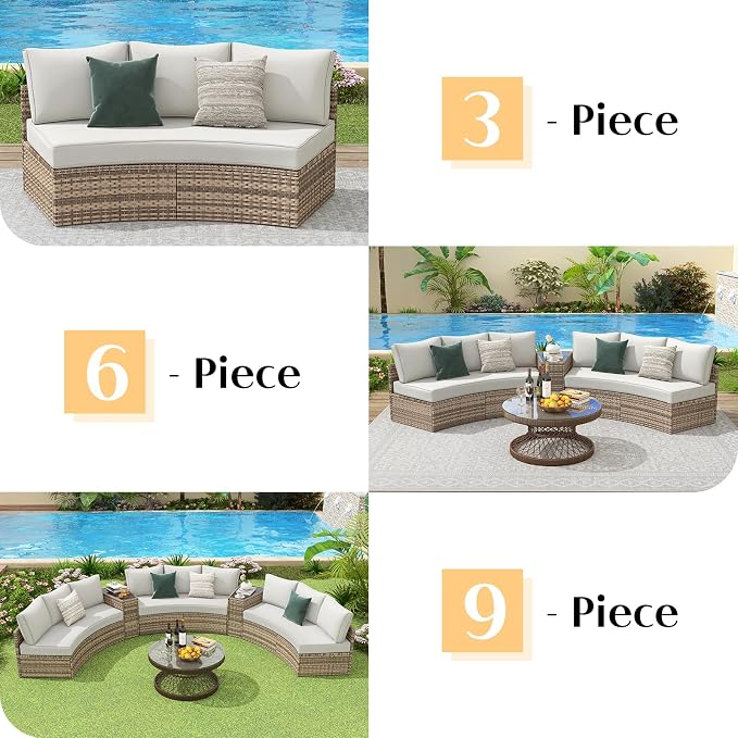PaPaJet 3-Piece Patio Furniture Set, Half-Moon Wicker Sectional Sofa with Cushions, Waterproof Rattan Outdoor Conversation Set for Beach, Pool, Garden & Balcony, Beige