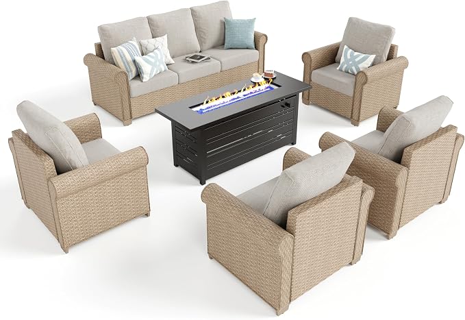 SUNSHINE VALLEY Patio Furniture Set 6 pcs, Wicker Rattan Sofa and Chairs with 5.5" Thick Waterproof Cushions, 56" Fire Pit Table, All Weather Outdoor Conversation Set for Backyard Deck, 7 Seats Beige