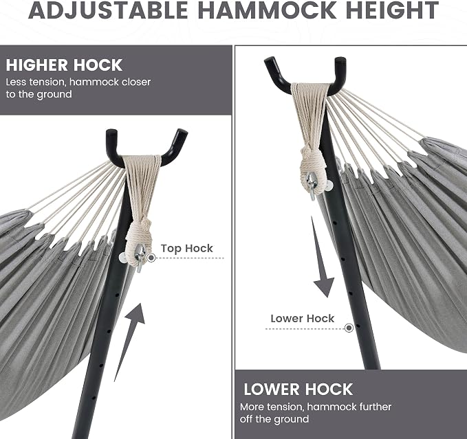 Lazy Daze Portable Hammock with Stand, Free Standing Hammocks for Indoor Outdoor Patio Yard, Has a Carrying Bag and Pillow, 9ft Hamacas Heavy Duty 2 Person Amaca 450 lbs Capacity(Light Gray)