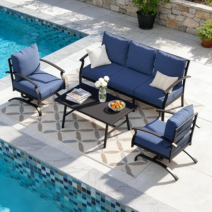 Kullavik Patio Furniture Set,2 Piece Metal Outdoor Patio Furniture Set,All Weather Modern Patio Conversation Sets w/3 Seater Sofa and Coffee Table for Balcony Deck,NavyBlue