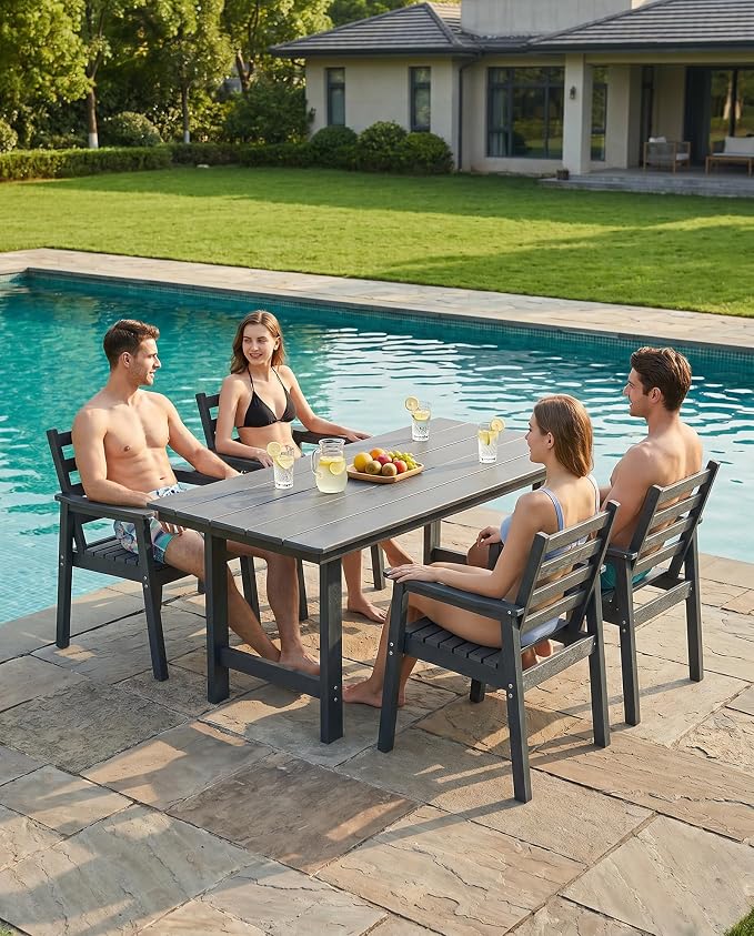 5 Piece HDPE Outdoor Dining Set for 4, Patio Dining Furniture Set with 2” Umbrella Hole, Weather Resistant Outdoor Table and Chairs for Garden, Poolside, Backyard, Deck