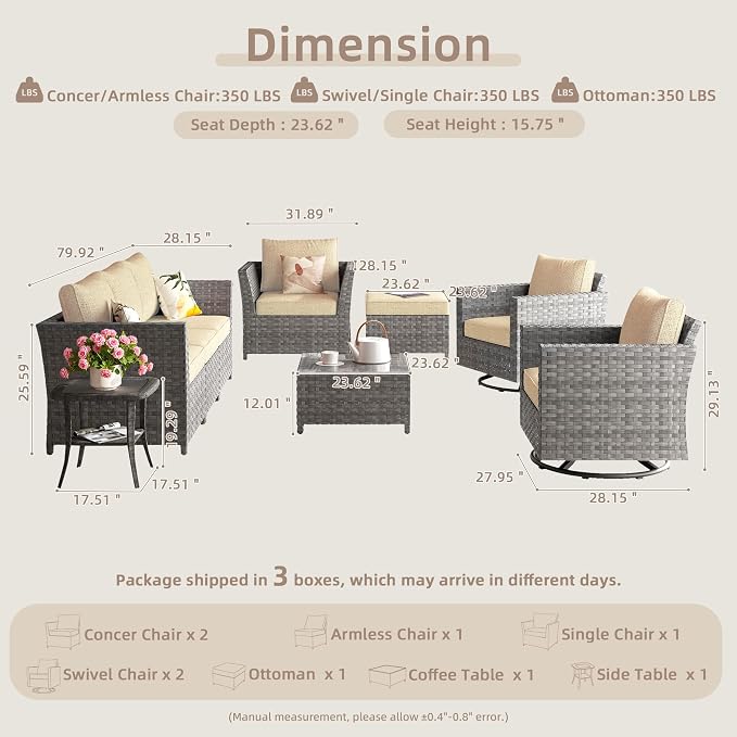 CAODOC Fully Assembled & Spacious 9-Pc Outdoor Sofa Set, Patio Rattan Conversation Group with Rocking Chair and Tea Table
