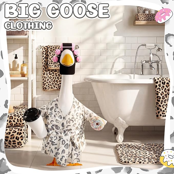 Shyyween Lady Porch Goose Outfit for 23'' Cement Plastic Lawn Goose Statue Clothes Silver Leopard Bathrobe Coffee Cup Curlers for Outdoor Garden Yard Patio Decoration