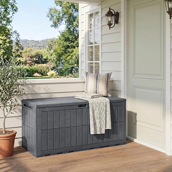 Tangkula 120 Gallon Outdoor Storage Box, Waterproof PP Resin Patio Storage Box with Lockable Lid for Indoor & Outdoor Use, 2-in-1 Rattan Design Deck Box for Cushions, Garden Tools