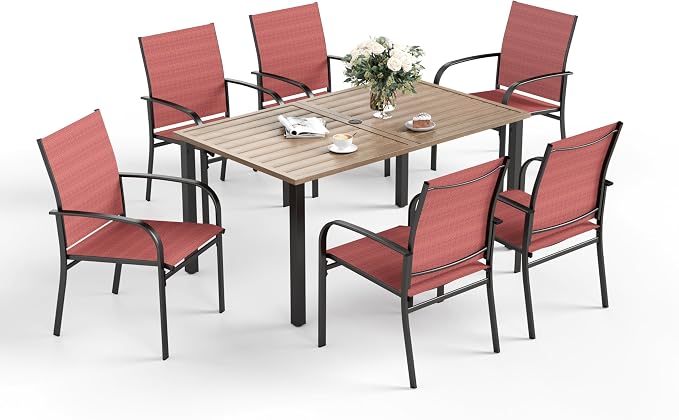 SUNSHINE VALLEY Patio Dining Set for 6, Rectangular Wood-Like Metal Table with Umbrella Hole and 6 Dining Chairs, Outdoor Table and Chairs for Lawn Garden Backyard and Deck, Red