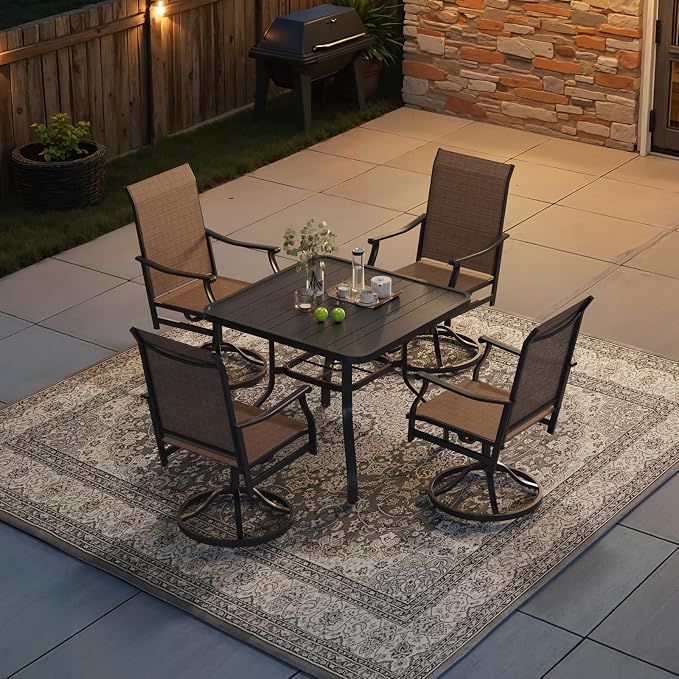 Soohow Patio Dining Set for 4, 5 Piece Outdoor Table and Chairs Set, 4 x Swivel Patio Chairs with Textilene Fabric and 35"x35" Outdoor Dining Table with 1.57" Umbrella Hole for Poolside, Backyard