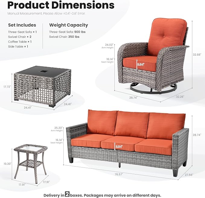 ovios 5 Pieces Patio Furniture Set, Outdoor Wicker Sofa Couch with Swivel Glider Chairs Solar Lights Table, Modern Deep Seat Rattan Conversation Sets for Deck Porch, Orange Red
