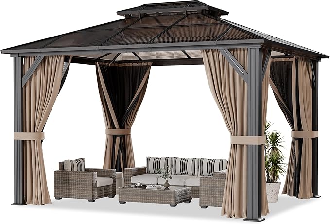 10'x12' Hardtop Gazebo, Outdoor Polycarbonate Roof Canopy, Aluminum Frame Permanent Pavilion with Curtains and Netting, Canopy for Garden, Patio, Lawns
