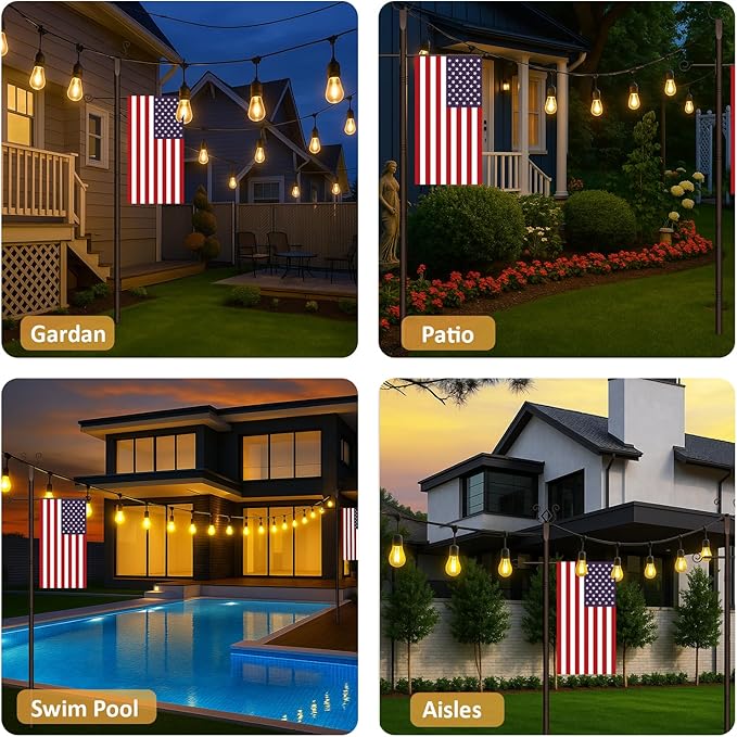 Outdoor String Light Poles 6 Pack - 10 Ft Lighting Posts with Fork,Rustproof Patio Heavy Metal Stand, Adjustable for Backyard Deck Garden Wedding