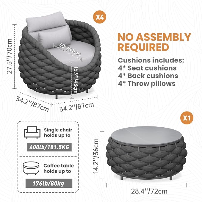 5 Pieces Balcony Seating Set: Aluminum Woven Rope Patio Chair Furniture Set - All Weather Metal Outdoor Conversation Set - Assembled Armchair with Table for Bistro Deck Porch Apartment Hotel