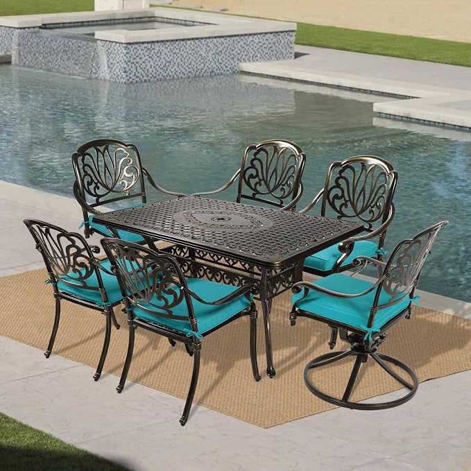 VIVIJASON 7 Pieces Cast Aluminum Outdoor Furniture Dining Set, Patio Conversation Set, Include 4 Stationary Chairs, 2 Swivel Dining Chairs and a Rectangle Table with Umbrella Hole, Ocean Blue Cushion