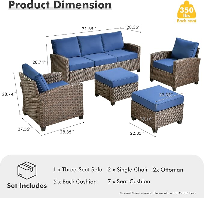 CAODOC Patio Furniture Sets, Outdoor Wicker Furniture with Ottomans, 5 Pieces Outdoor Sofa Couch Conversation Set with Cushioned Rattan Chairs for Garden Poolside Backyard, Blue
