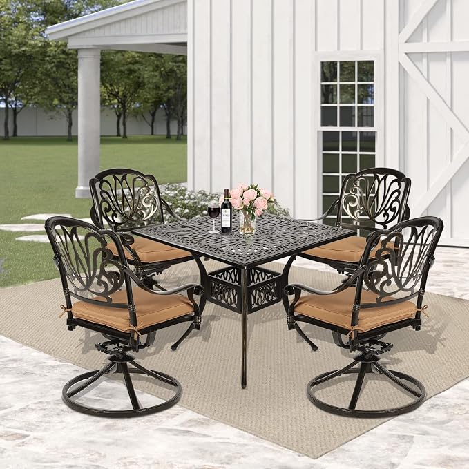 5 Piece Patio Dining Set, Outdoor Table and Chairs Set for 4 Cushioned Swivel Rocking Chairs and 35.4'' Square Table, All-Weather Cast Aluminum Patio Funiture Set, 2.2'' Umbrella Hole