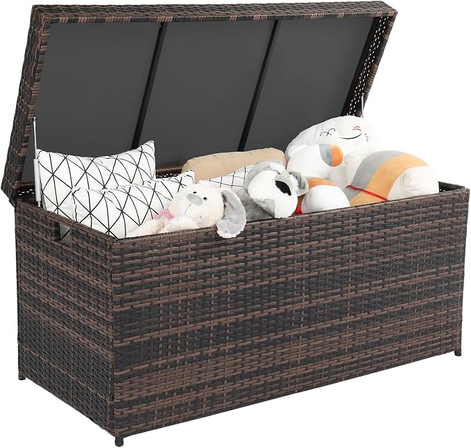 132 Gallon Outdoor Storage Box, Patio Rattan Deck Box, Wicker Storage Bench for Indoor, Outdoor, Pool, Balcony, Yard, Garden, Brown,Storage Container Bin Chest for Cover, Pillow, Towel