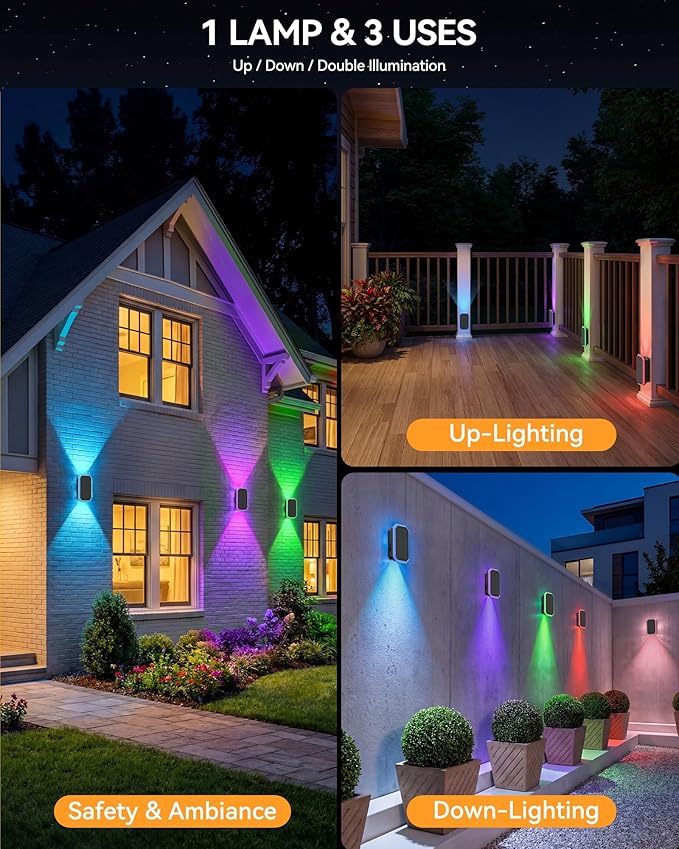 TECKNET Solar Fence Lights Outdoor 6 Pack with Bi-Directional, Uplight & Downlight, Solar Powered Fence Wall Lights Waterproof IP67 8 Colors & RGBW Dynamic Cycling for Outdoor/Patio/Porch/Pool Cage