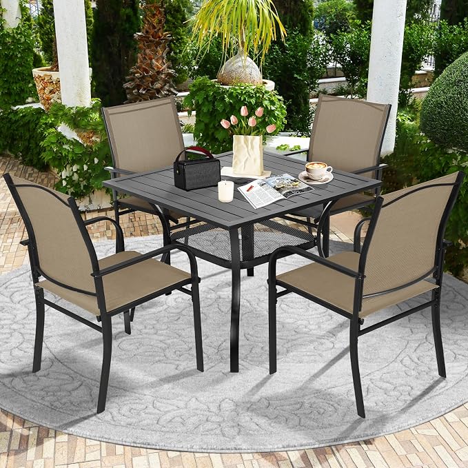 SUNCROWN 6 - Piece Outdoor Dining Set, Patio Furniture Set with 4 Textilene Dinning Chairs, 1 Steel Slat Metal Bistro Table and 1 Brown 9Ft Patio Umbrella for Lawn Garden Backyard Deck, Brown