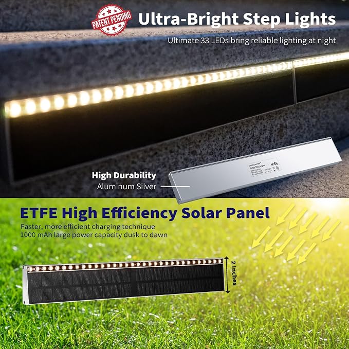 SHONELIGHTING Solar Step Lights Outside, 33 Focused LEDs, Stair Light, 6PK | Downward Lighting, High Brightness, Modular, Waterproof Aluminum, Risers, Deck, Curbsides, Planter Edges, Warm White, 3000K