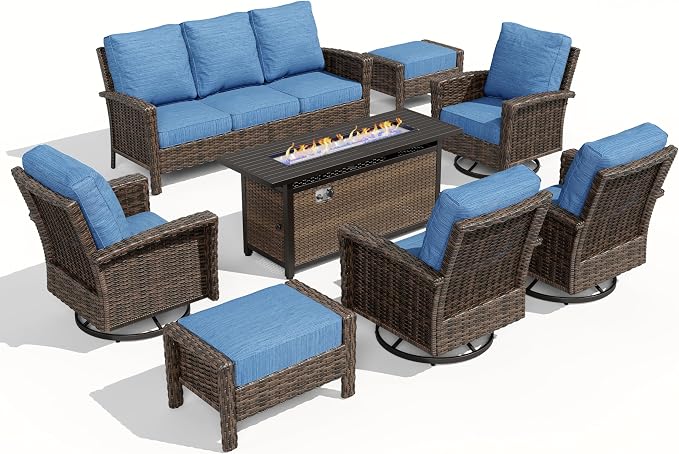 HERA'S HOUSE 8-Piece Outdoor Furniture Set with Fire Pit Table, Patio Conversation Set with 5.5-Inch Thick Cushions & High Back Swivel Chairs, All-Weather Wicker Deep Seating Sofa with Ottomans, Blue