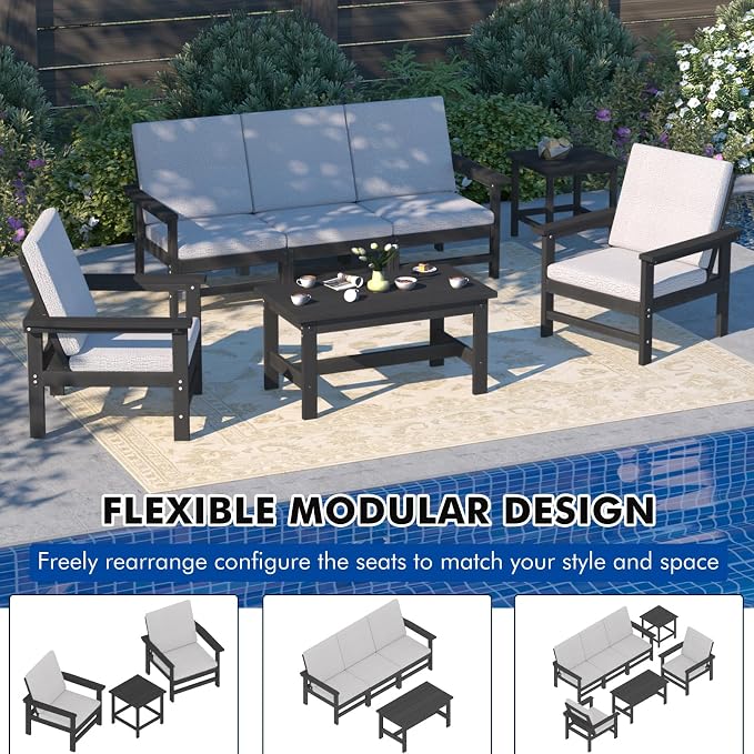 7-Piece HDPE Patio Furniture Set, All-Weather Outdoor Sectional Sofa Set w/Coffee Table+Side Table - Wood-Like Composite Conversation Couch for Deck, Lawn, Balcony - Black Frame with Cushion