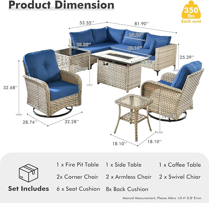 Outdoor Sectional Patio Furniture Set,9 Pieces All Weather Rattan Wicker Conversation Sets with Fire Pit,Out Door Furniture with Swivel Chairs Glowing Coffee Table,Navy Blue