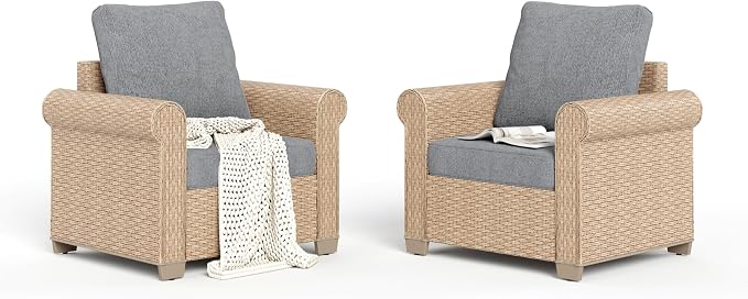 SUNSHINE VALLEY Patio Furniture Set 2 pcs, Wicker Rattan Outdoor Sofa Furniture with 5.5” Thick Cushions, 2 Chairs Outdoor Conversation Set for Garden Backyard Deck, Grey