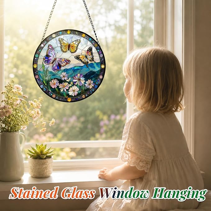 Stained Glass Butterfly Suncatcher Window Hanging Birthday Gifts for Women | 6.3in Garden Sun Catcher, Butterflies Wildflowers Home Decor, Memory Gift for Mom Grandma & Mother's Day, Christmas Ornament