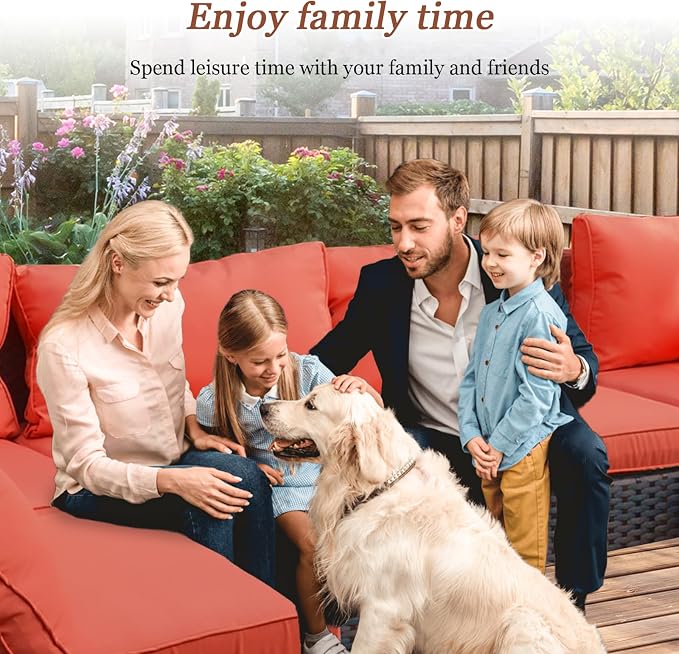 9 Pieces Outdoor Sectional Patio Furniture Set with Fire Pit Table PE Rattan Wicker Patio Sectional Armless Conversation Set with Cushions Red