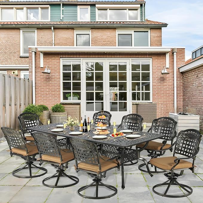 9-Piece Patio Cast Aluminum Dining Set, Outdoor Table and Chairs Set for 8, Includes 94.5" Rectangular Dining Table and 8 Swivel Rocker Chairs with Umbrella Hole for Lawn Garden, Tan