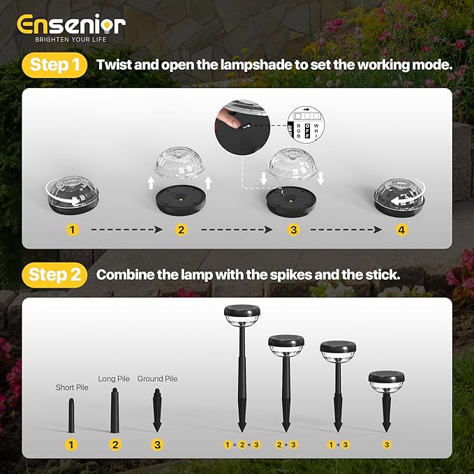 Ensenior Solar Pathway Lights IP65 Waterproof, RGB Color Changing & 6500K Cool White, 8-16Hr Runtime, Flower Pattern Garden Lights for Walkway Porch Yard - 8 Pack