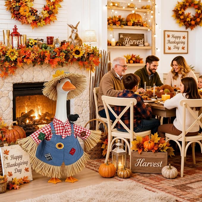 Fall Porch Goose Outfit Scarecrow Costume, Thanksgiving Porch & Yard Decor | Fits 23 Inch Goose Statues, 2-Piece Set with Scarecrow Hat & Crow, Autumn Porch, Patio, Lawn Garden Thanksgiving Decor