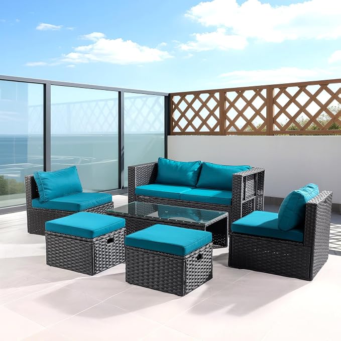 VINGLI 6 Pieces Wicker Patio Furniture Set, Outdoor Sectional Furniture Patio Conversation Set Space-Saving Design with Ottomans and Coffee Table for Garden,Poolside, Backyard (Black)