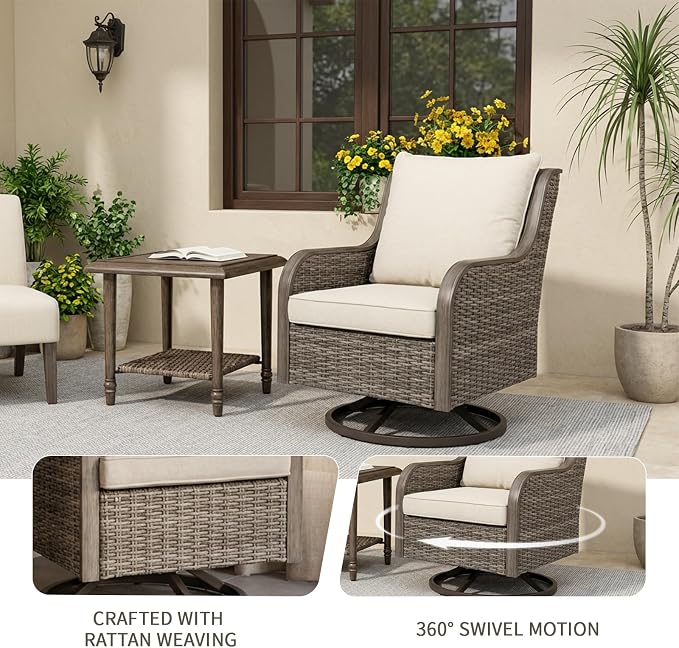 Swivel PE Wicker Chair, Outdoor Patio Chair with 360° Rotation & Water-Resistant Cushion for Porch, Deck, Balcony – All-Weather Handwoven Design (Beige, 1PCS)