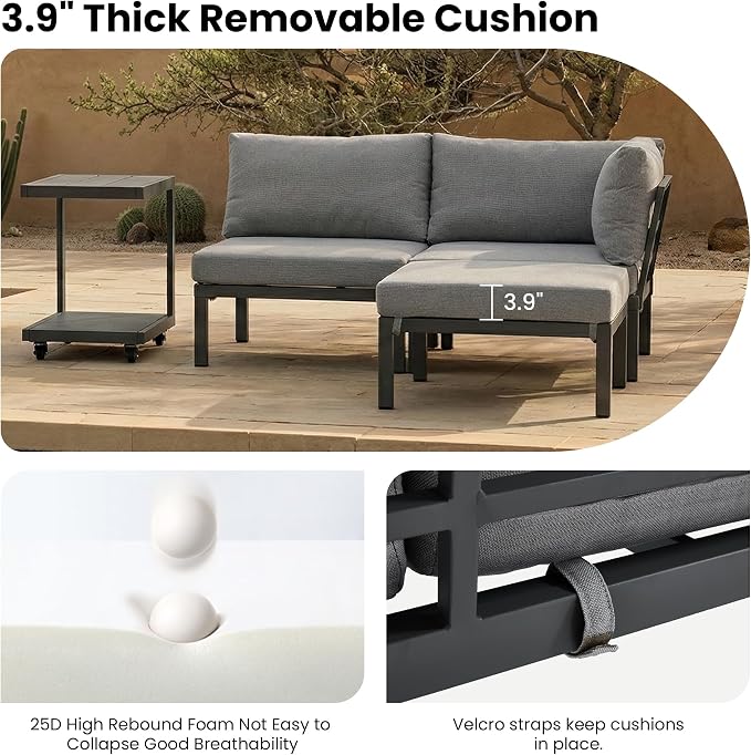 Patio Sectional Sofa Set for 4/5, All Weather Patio Furniture Set, Outdoor Patio Conversation Set with Cushions, Modular Patio Sofa Couch with Ottoman/Rolling Side Table for Fire Pit, Grey